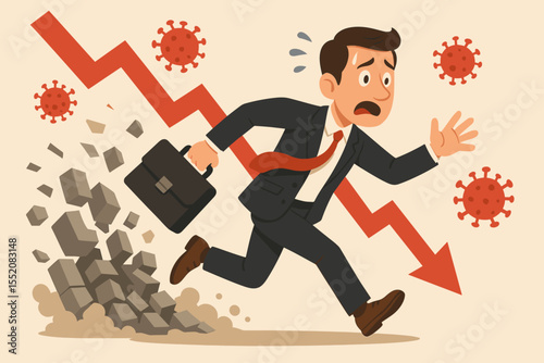 Businessman Running from Economic Crisis, Falling Stock Market, COVID-19 Pandemic Impact, Financial Recession, Crisis Management, Office Worker Escape, Red Arrow, Business Panic Vector Illustration