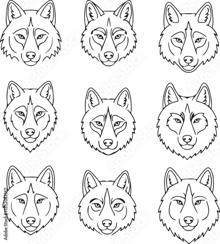 Nine Unique Wolf Head Designs: Pixel Art Graphics