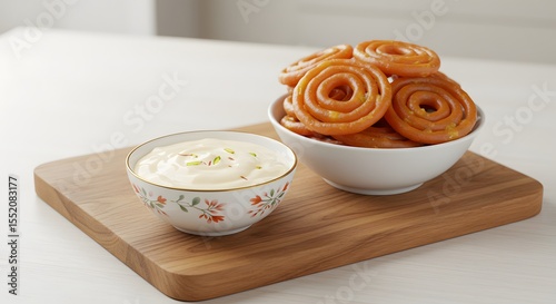 A wooden board with jalebi and rabdi in small bowls on a kitchen table