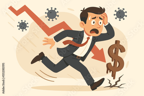 Panicked businessman running from economic crisis during COVID-19 pandemic. Falling stock market, coronavirus, financial crash, dollar symbol, global recession, cartoon vector illustration concept