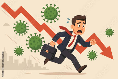 Businessman Running from Economic Crisis with Downward Graph and Coronavirus Symbols. Concept COVID-19 Pandemic Impact on Finance, Stock Market Crash, Recession, Business Risk, Financial Loss