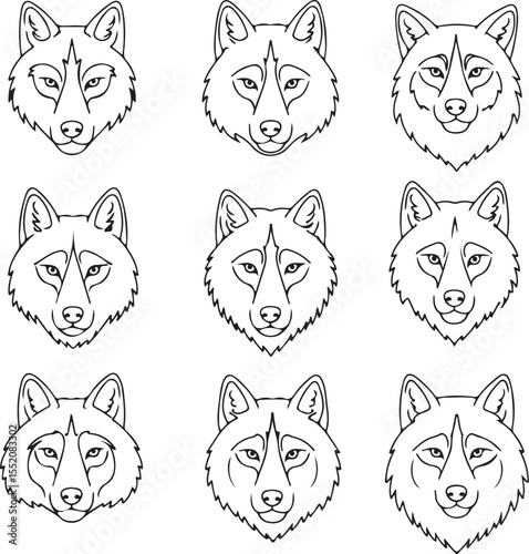 Nine Wolf Head Illustrations:  Vector Art, Animal Portraits, Canine Designs