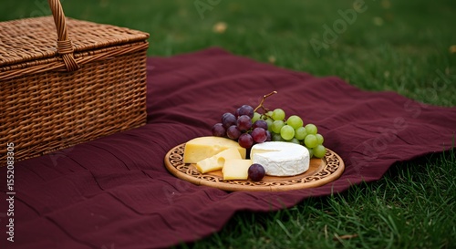 A woven picnic blanket with a wicker cheese board and grapes