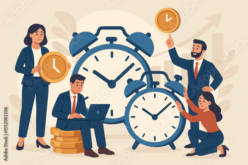 Business Team Time Management Concept. Office Workers Optimizing Productivity, Allocating Resources, Scheduling, Efficiency Strategy. Cartoon Vector Illustration with Clocks, Collaboration, Planning