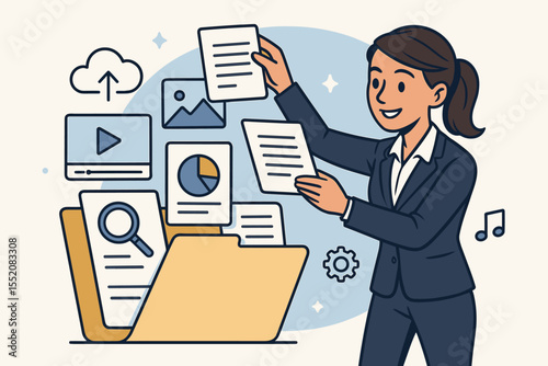 Businesswoman Organizing Digital Files and Documents. Office Worker Sorting Multimedia Content, Cloud Storage, Data Management, Analytics, Video, Music, Image Folder Vector Illustration Concept
