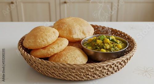 A woven basket with puri and aloo sabzi on a kitchen table