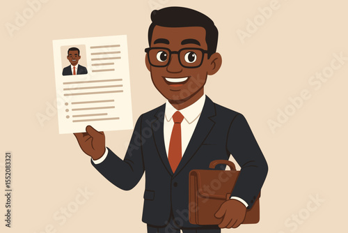 Confident African American Businessman Holding Resume, Job Application, Interview Preparation, Professional Suit, Briefcase, Career Opportunity, Recruitment Success, Vector Cartoon Illustration