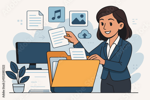Businesswoman organizing digital files, managing documents and media, file folder storage, desktop computer, cloud upload, office workspace, data management concept, cartoon vector illustration