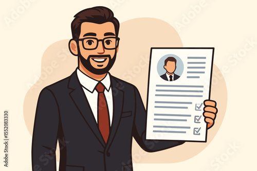 Businessman in Suit Holding Impressive Resume, Job Application Concept, Professional Recruitment, Human Resources Selection, Career Opportunity, Confident Candidate Vector Illustration