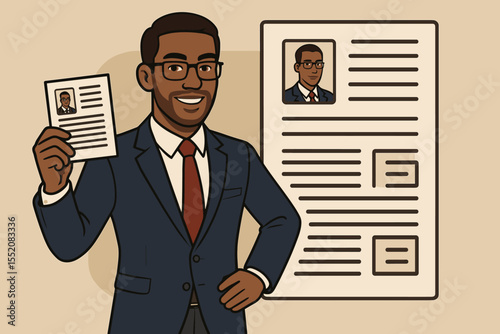 Confident business professional holding resume job application. Cartoon vector illustration of applicant in suit ready for interview. Recruitment, hiring, CV, employment concept, career opportunity.