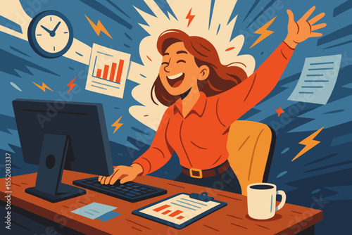 Dynamic Female Office Worker Under Pressure, Productivity and Time Management, High Energy in Fast-Paced Workplace, Overcoming Stress, Modern Business Success Concept, Vector Illustration