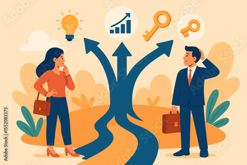 Business Decision Making at Crossroads, Entrepreneurs Choosing Success Pathway, Strategic Choices, Problem Solving, Key Insights, Growth Opportunity, Vector Concept Illustration
