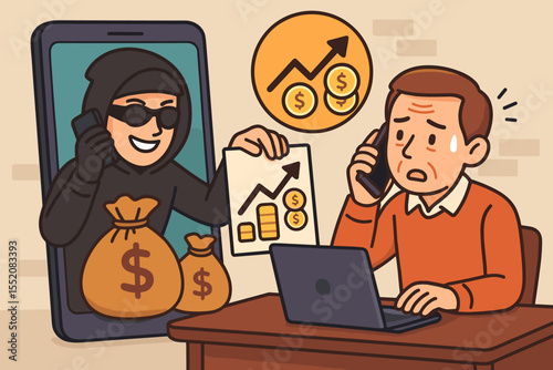Phone scam financial fraud illustration. Fraudster with money bags and fake investment chart deceives victim by phone. Economic crime, investment scam, online cybercrime, phishing concept vector