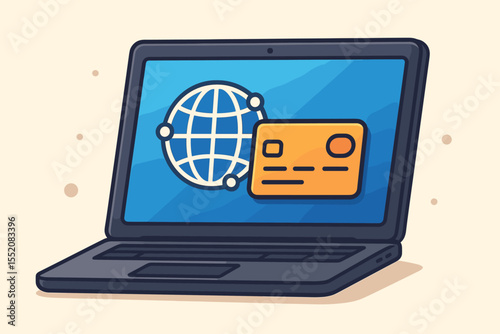 Online payment and global network concept laptop screen. Vector illustration of digital banking, e-commerce, credit card transaction, internet shopping, secure finance, fintech technology