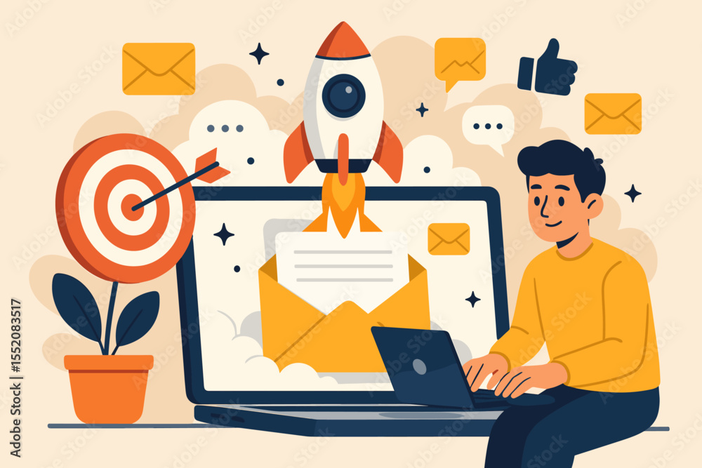 Targeted Email Marketing Campaign Launch Concept. Rocket Startup Symbolizing Digital Advertising Success. Laptop, Envelope, Arrow Target, Customer Engagement, Online Communication Vector Illustration Targeted Email Marketing Campaign Launch Concept. Rocket Startup Symbolizing Digital Advertising Success. Laptop, Envelope, Arrow Target, Customer Engagement, Online Communication Vector Illustration