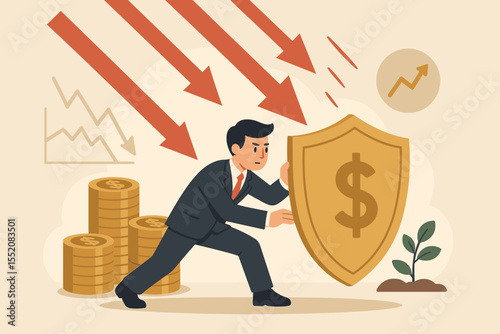 Businessman Shielding Investments from Financial Crisis, Market Crash, Falling Stocks, Inflation, Economic Downturn, Risk Defense, Protecting Assets, Money Security, Vector Illustration