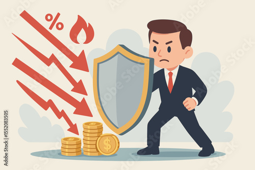 Businessman Shielding Investments from Market Crash, Financial Crisis, Inflation, Falling Stocks and Interest Rates, Money Protection, Risk Management, Economic Downturn Defense, Vector Illustration