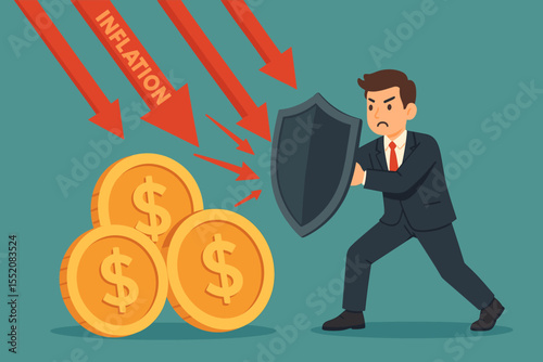 Businessman Shielding Money from Inflation Arrows, Financial Protection Concept, Defending Investments Against Economic Crisis, Dollar Coins Security, Risk Management Vector Illustration
