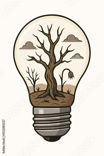 Surreal light bulb with dead tree, dry landscape, and withered nature inside. Metaphor energy crisis, climate change, environmental collapse. Conceptual vector illustration, no text, white background