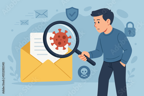 Cybersecurity threat detection concept. Man with magnifying glass examining virus in email envelope. Spam protection, malware analysis, phishing prevention, online data security vector illustration