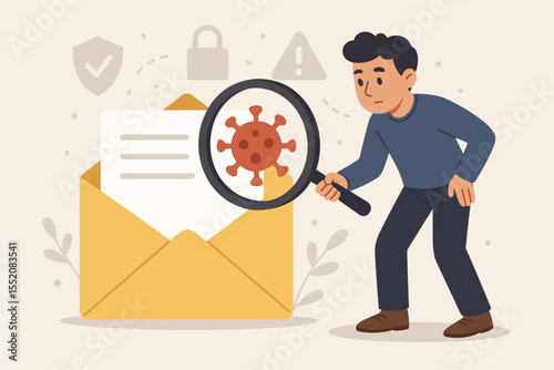 Security threat detection in email concept, man analyzing mail for virus infection, cyber security risk, email spam and phishing prevention, data protection, digital safety vector illustration