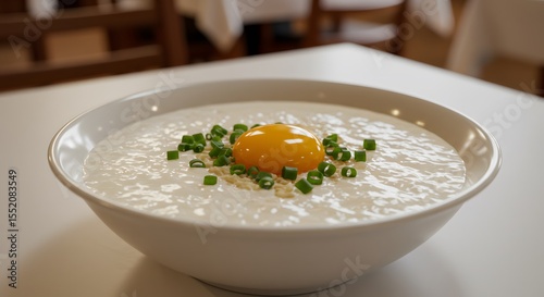 Changua milk soup with scallion and egg on a restaurant table