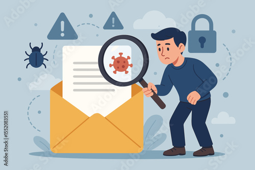 Cybersecurity email threat detection. Man with magnifying glass inspecting virus in email envelope. Online security, malware, phishing scam, data protection, warning bug icon, spam prevention vector