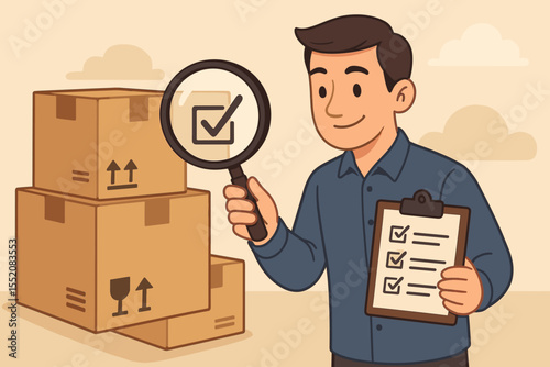 Product quality control inspection concept with inspector examining cardboard boxes using magnifying glass and checklist. Warehouse audit, shipping, logistics, delivery, supply chain management vector