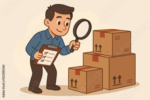 Cartoon inspector examining cardboard boxes with magnifying glass and checklist, product quality control, inspection process, parcel auditing, warehouse shipment review, logistics supervision concept
