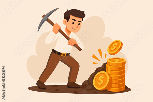 Cartoon man mining gold coins with pickaxe, symbol of hard work, wealth creation, financial success, effort payoff, investment, entrepreneurship, riches achievement, money growth concept