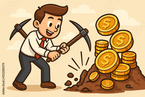 Cartoon businessman mining gold coins with pickaxe, financial success effort investment concept, money growth opportunity wealth building, hard work income earnings metaphor illustration