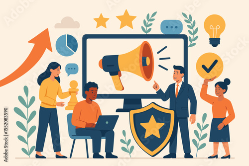 Creative Marketing Strategy Teamwork Concept Vector. Brand Awareness, Corporate Reputation, Business Promotion, Communication, Leadership, Growth, Innovation, Digital Strategy, Success Illustration