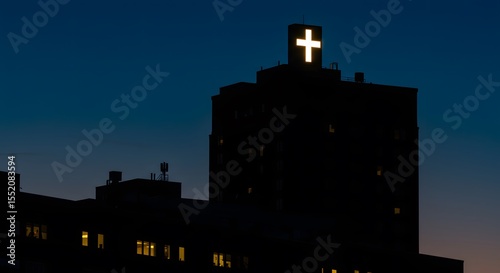 Hospital building silhouette with cross sign