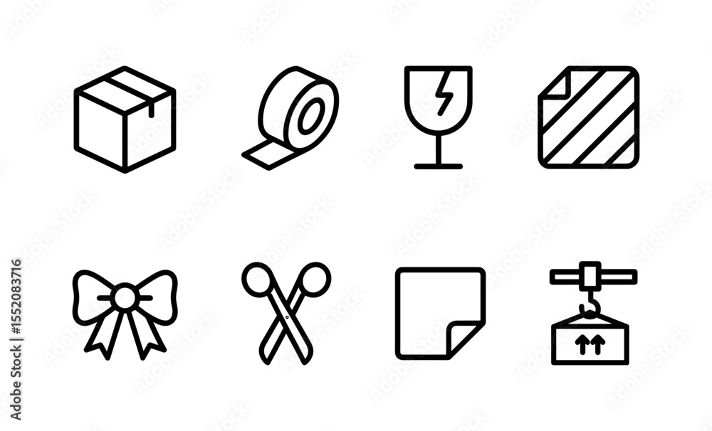 Fototapeta premium Shipping icons: box, tape, fragile glass, stripe, bow, scissors, paper, crane
