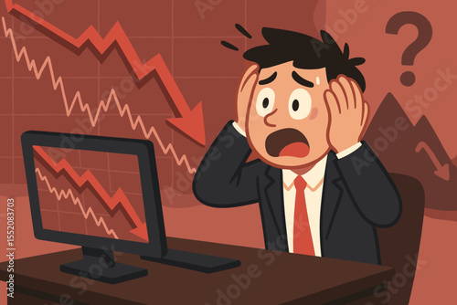 Stressed investor cartoon witnessing stock market crash, financial loss, crisis, plummeting charts, economic downturn, recession, business risk, panic selling, finance, crisis management concept