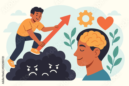Overcoming Negative Emotions Mental Health Growth. Cartoon Vector. Person Climbing Arrow Upward. Defeating Sadness, Depression, Anxiety. Brain, Heart, Gear, Motivation, Wellbeing, Self Improvement