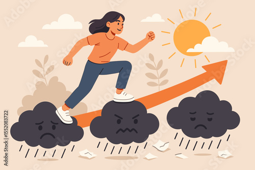 Woman Overcoming Negative Emotions Cartoon. Positive Mental Health Growth. Person Steps Past Sad Angry Clouds Toward Sun. Depression Recovery Concept. Self Improvement Motivation Illustration