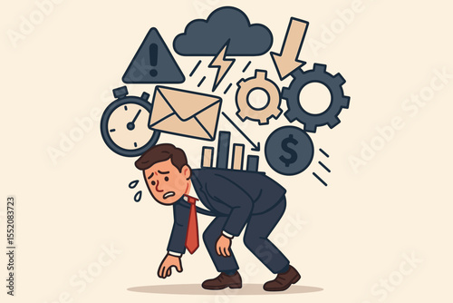 Stressed Businessman Overwhelmed by Workload, Deadlines, Financial Pressure, and Office Challenges. Concept of Burnout, Anxiety, Overwork, Heavy Responsibilities, Crisis, Corporate Struggle Vector