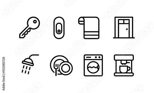 Minimalist icons of key, doorbell, towel, door, shower, dishes, washing machine, coffee maker