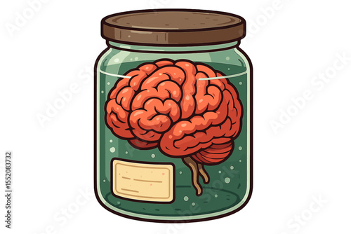 Cartoon preserved human brain specimen in glass jar, scientific laboratory illustration, anatomy biology concept, medical research, vintage science display, vector isolated on white background