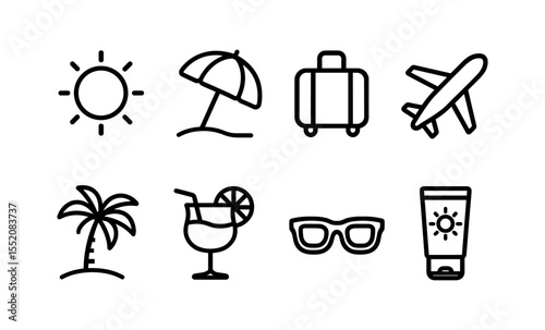 Summer vacation icons: sun, umbrella, suitcase, airplane, palm, cocktail, sunglasses, sunscreen