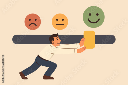 Customer Satisfaction Improvement Concept. Businessman Raising Feedback Rating Bar. Positive Review, Service Excellence, Happy Neutral Sad Face Meter. Quality Assessment Vector Illustration