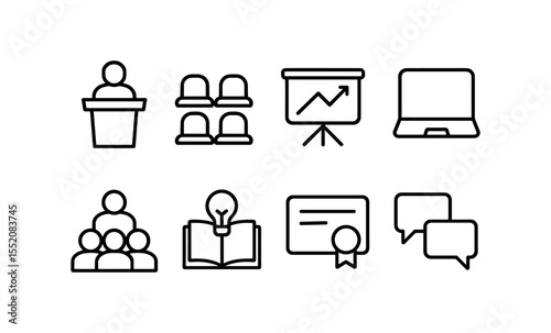 Linear icons of presentation tools: podium, audience, chart, laptop, team, book, certificate, speech bubbles