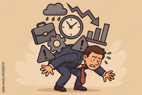 Stressed businessman burdened with workload, deadlines, financial problems, pressure, time management, business challenges, office stress, cartoon vector illustration. Overwhelmed employee concept