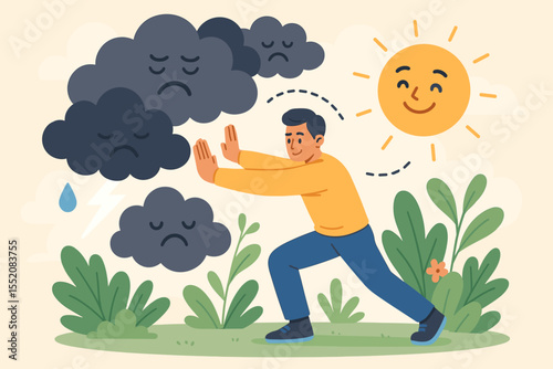 Mental health concept overcoming negative emotions. Man pushing away sad clouds toward happy sun. Emotional resilience, stress relief, positivity, optimism, depression recovery vector illustration