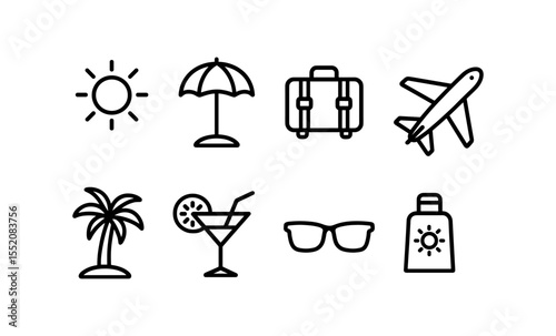 Vacation essentials: sun, umbrella, luggage, plane, palm, cocktail, sunglasses, sunscreen