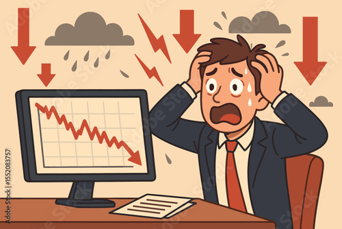 Stressed investor panicking at crashing stock market, financial crisis concept. Businessman sweating, holding head, watching plummeting graph on monitor. Economic downturn, risk, recession vector