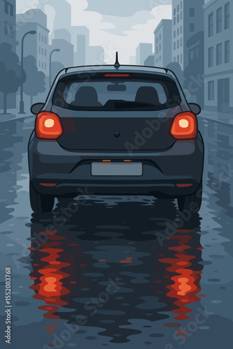 Rear view city car with glowing red brake lights on wet urban street after rain, cartoon vector illustration, night driving safety, rainy weather, vehicle reflection in puddles, modern cityscape