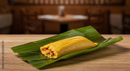 Tamal de pollo wrapped in banana leaf on a restaurant table