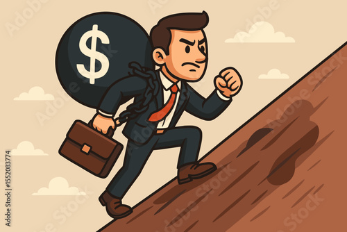 Determined Businessman Climbing Uphill Burdened by Debt Ball and Chain, Overcoming Financial Struggles, Achieving Success, Cartoon Vector Concept of Perseverance, Business Challenge, Money Pressure